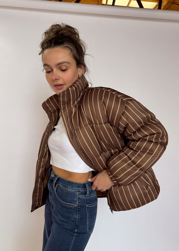 Coco Striped High Neck Puffer Jacket - Brown