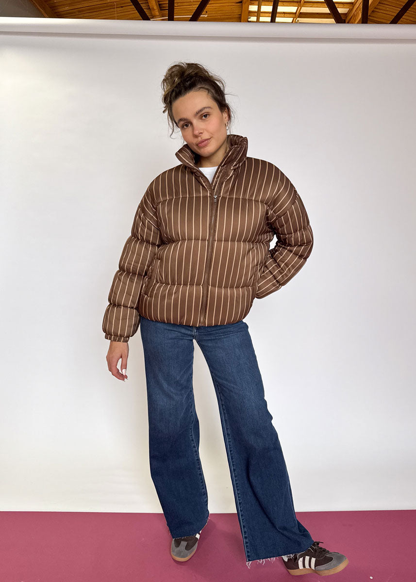Coco Striped High Neck Puffer Jacket - Brown