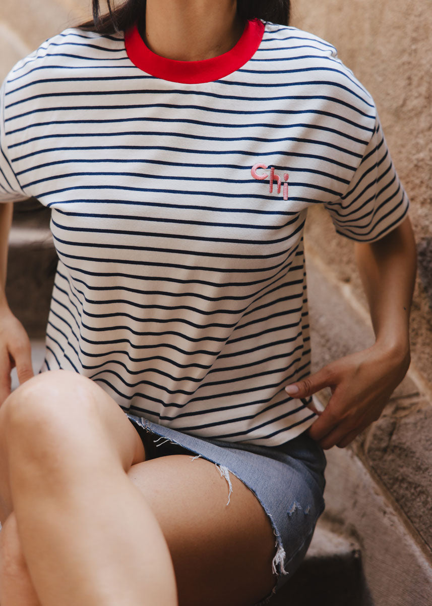 Chi Striped Boxy Tee  - White & Navy