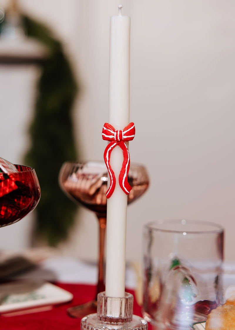 Red Stripy Bow Table Candles (Set of 2)