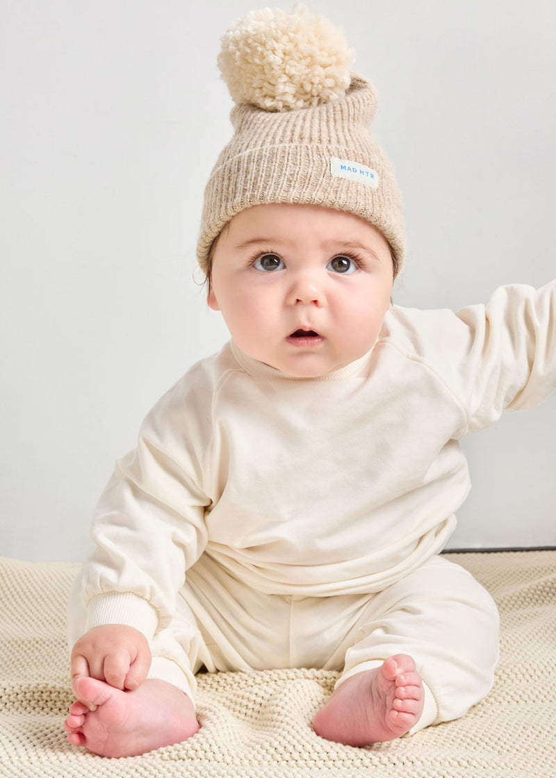 Infant Mad Hatter Ribbed Knit Pom Beanie - Heather Taupe