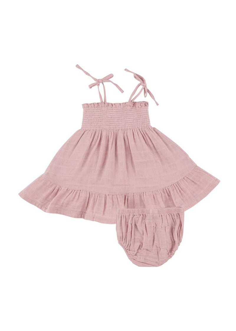 Tie Strap Smocked Sundress & Bloomers - Dusty Pink Solid Muslin