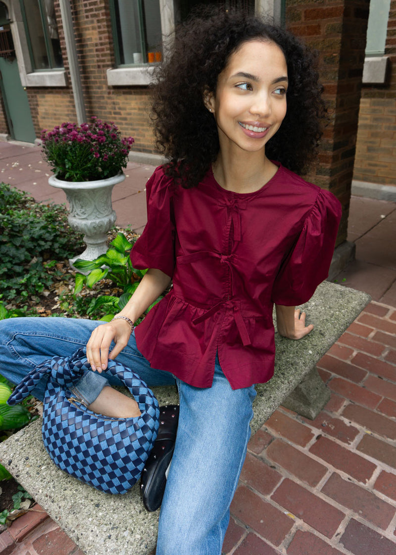 Norah Poplin Tie Puff-Sleeve Top - Burgundy