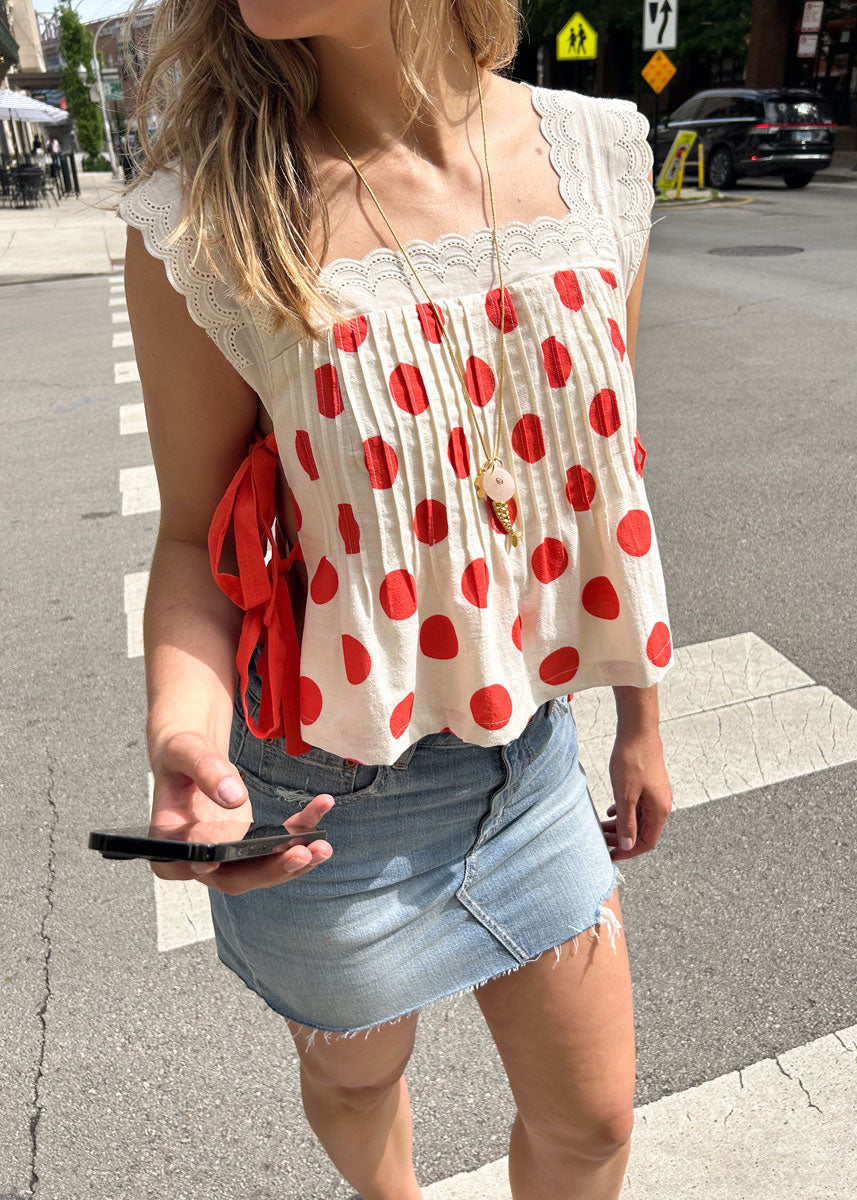 Fern Polka Dot Lace Tie Crop Top - Poppy Red
