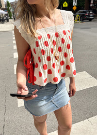 Fern Polka Dot Lace Tie Crop Top - Poppy Red