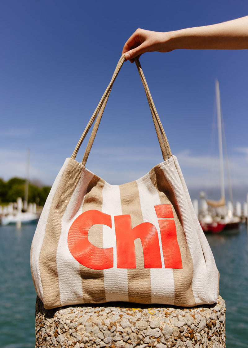 Chi Stripe Tote - Taupe & Red