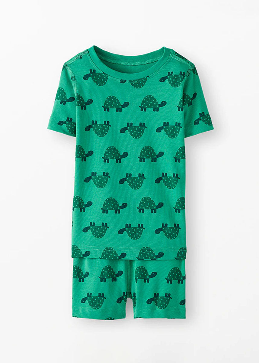 Kids Short John Pajama Set In HannaSoft - Green Turtles