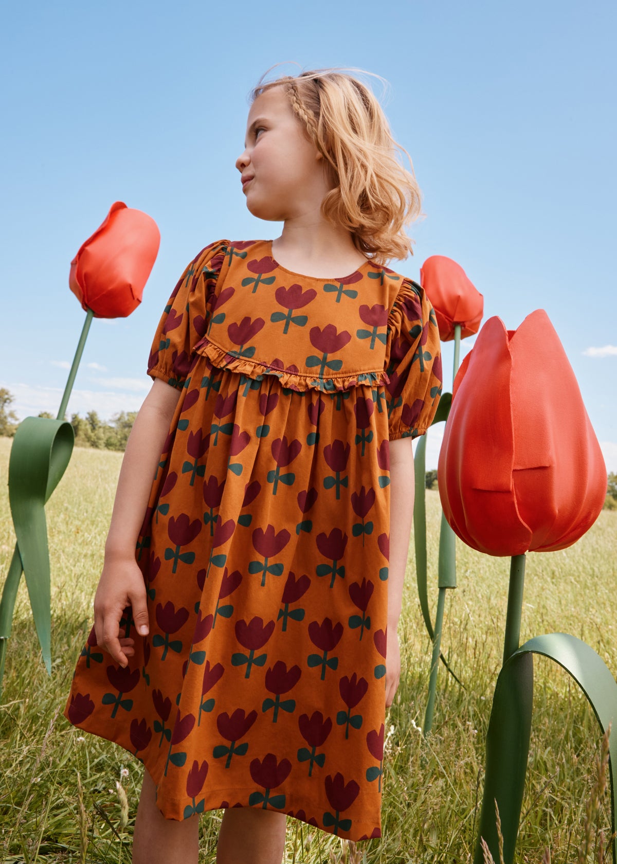 Puff Sleeve Poplin Dress - Tulips