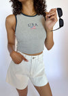 USA Rib Crop Tank Top - Heather Grey