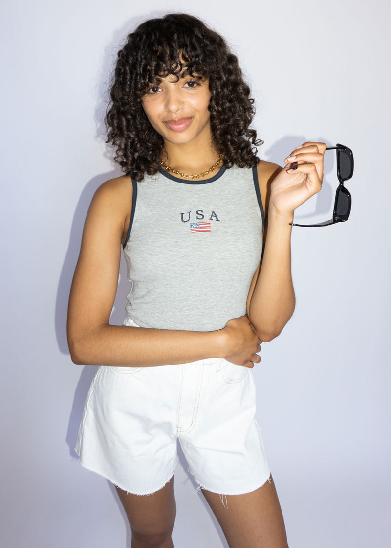 USA Rib Crop Tank Top - Heather Grey