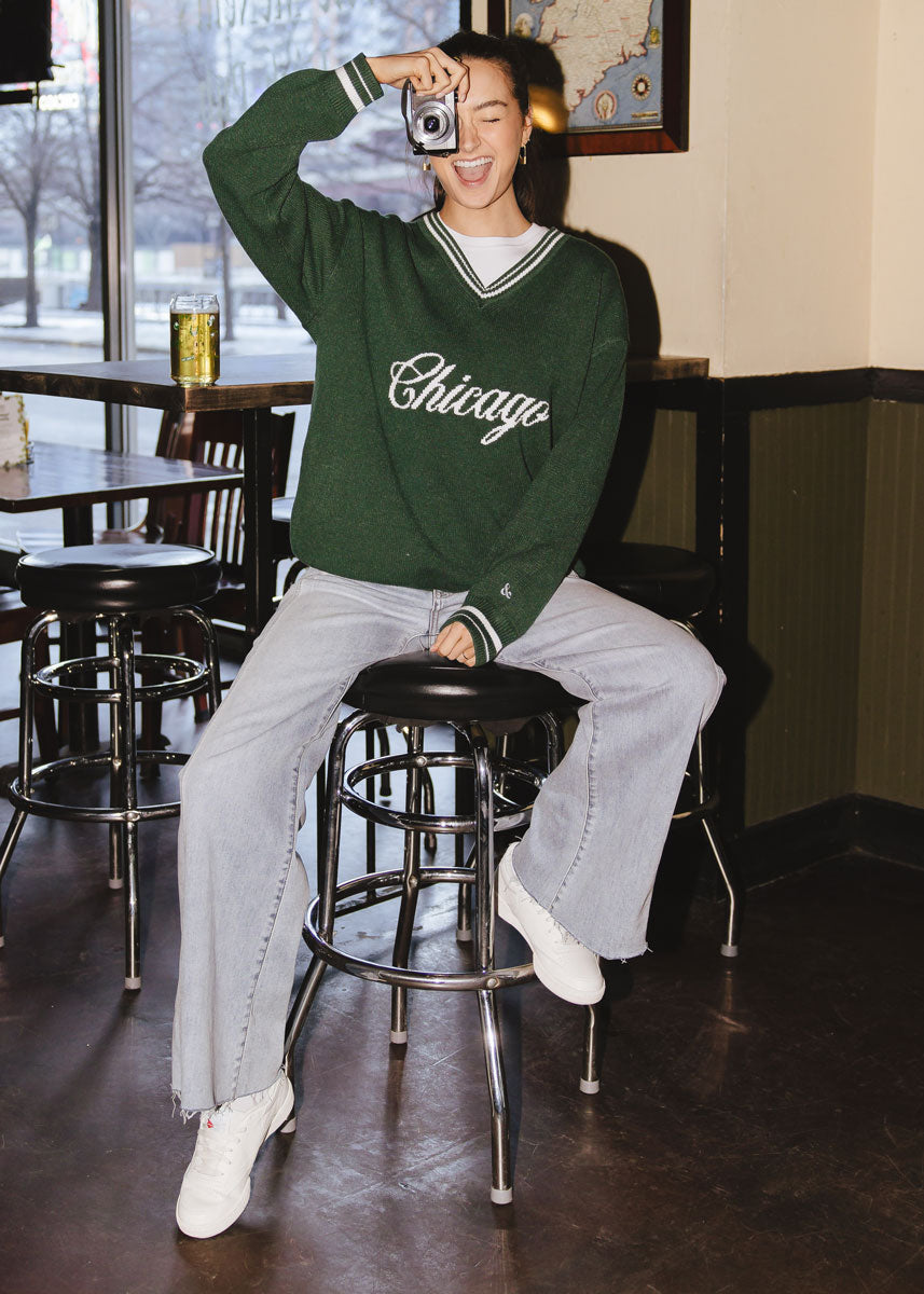 Chicago Collegiate V-Neck Sweater - Green & White