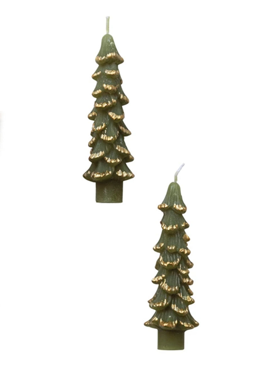 Short Tree Shaped Gold-Tipped Taper Candles - Green